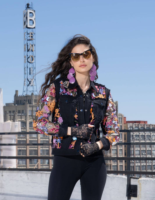 BLACK DENIM JACKET WITH FLORAL SEQUENCE EMBROIDERY