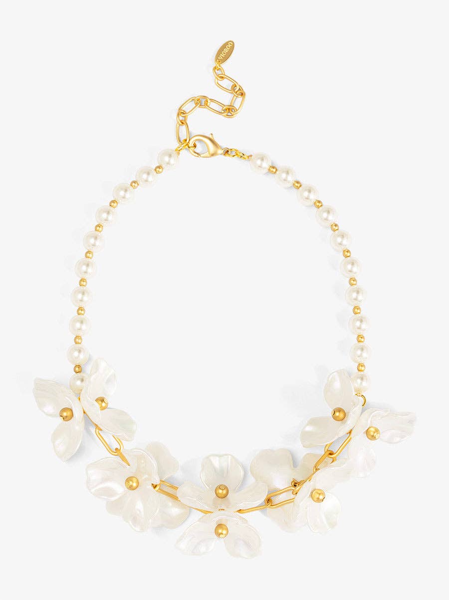 Pearl Strand Necklace with Floral Centerpiece | Elegant Pearl Statement Necklace