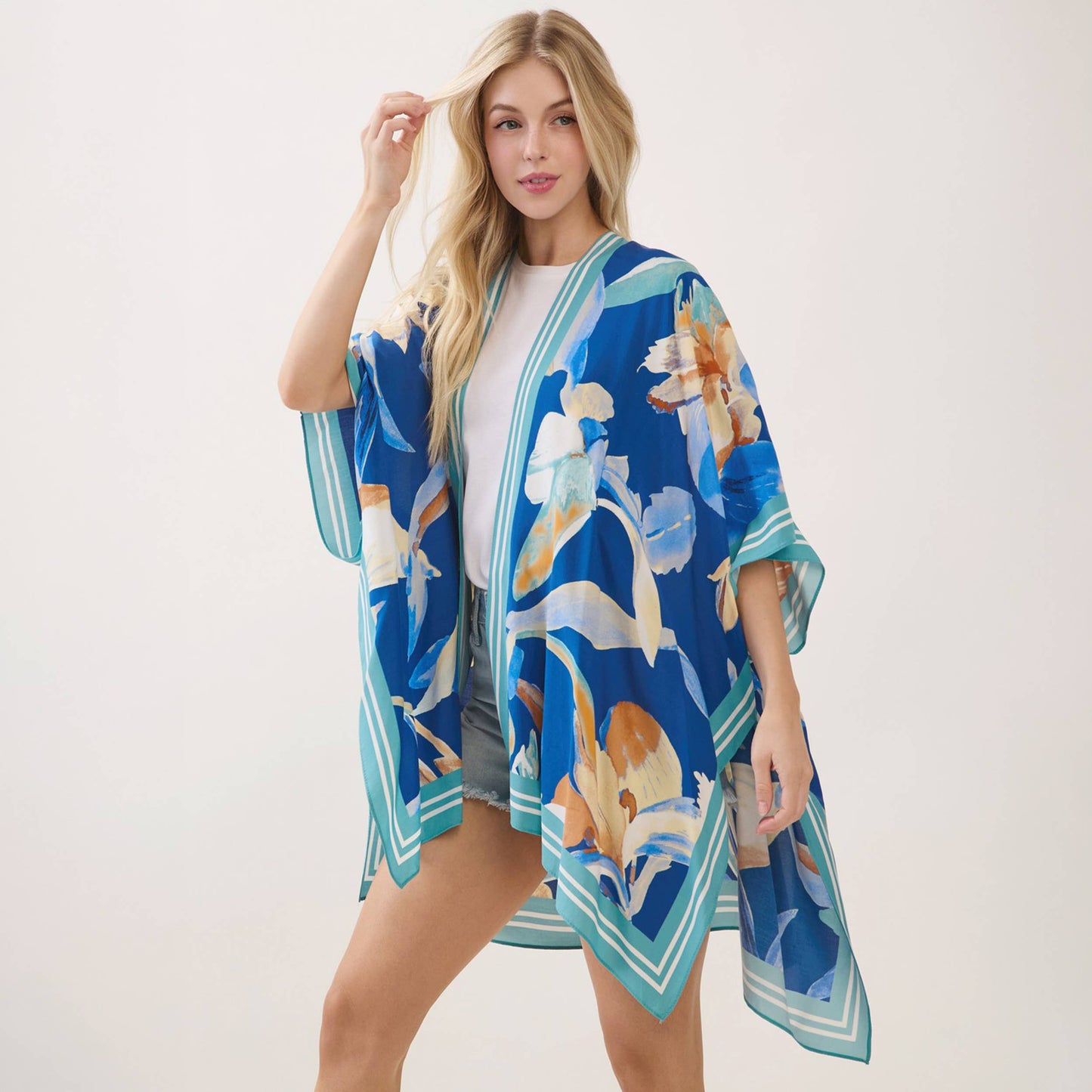 Bohemian Floral Print Kimono Cover Up: Blue