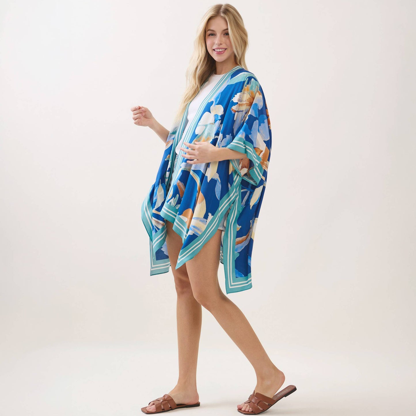 Bohemian Floral Print Kimono Cover Up: Blue