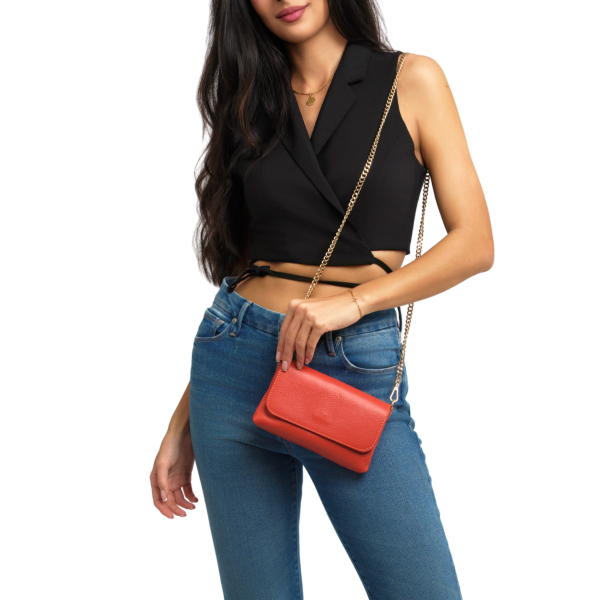 Italian Leather Crossbody Clutch with Chain Strap: Navy Blue