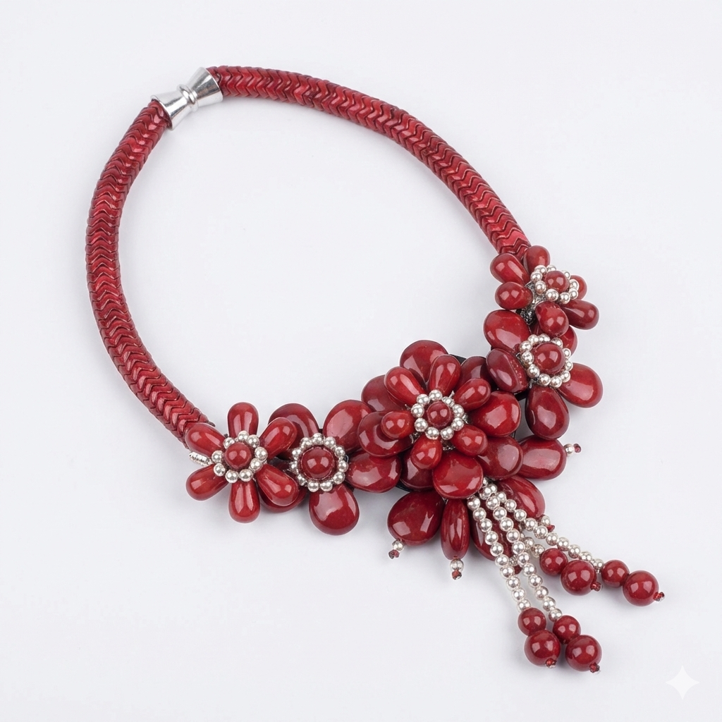 Red floral necklace with silver accents on a white background