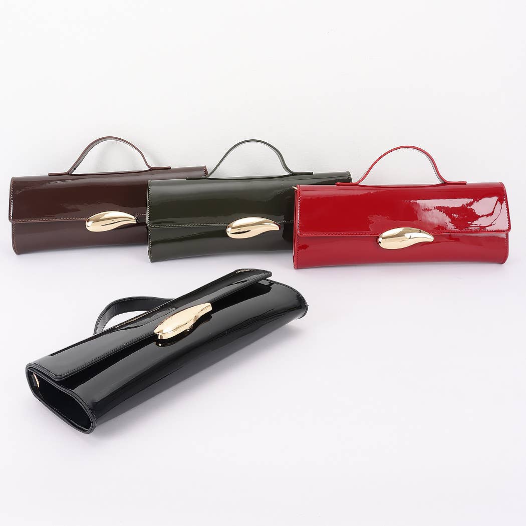 Four patent leather handbags in brown, black, and red with gold accents on a white background.