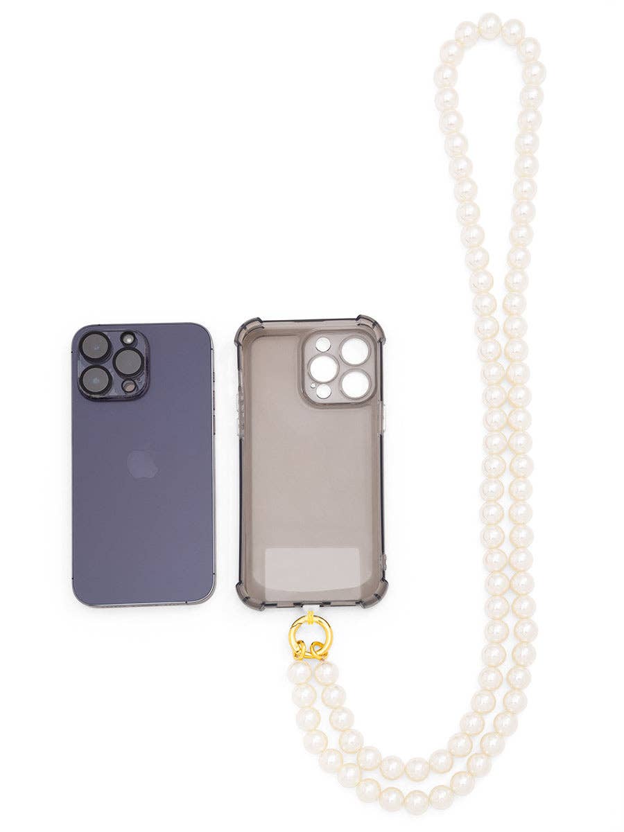 Two phone cases and a pearl necklace on a white background