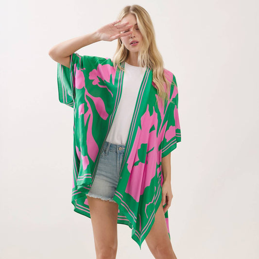Abstract Big Flower Print Kimono Cover Up
