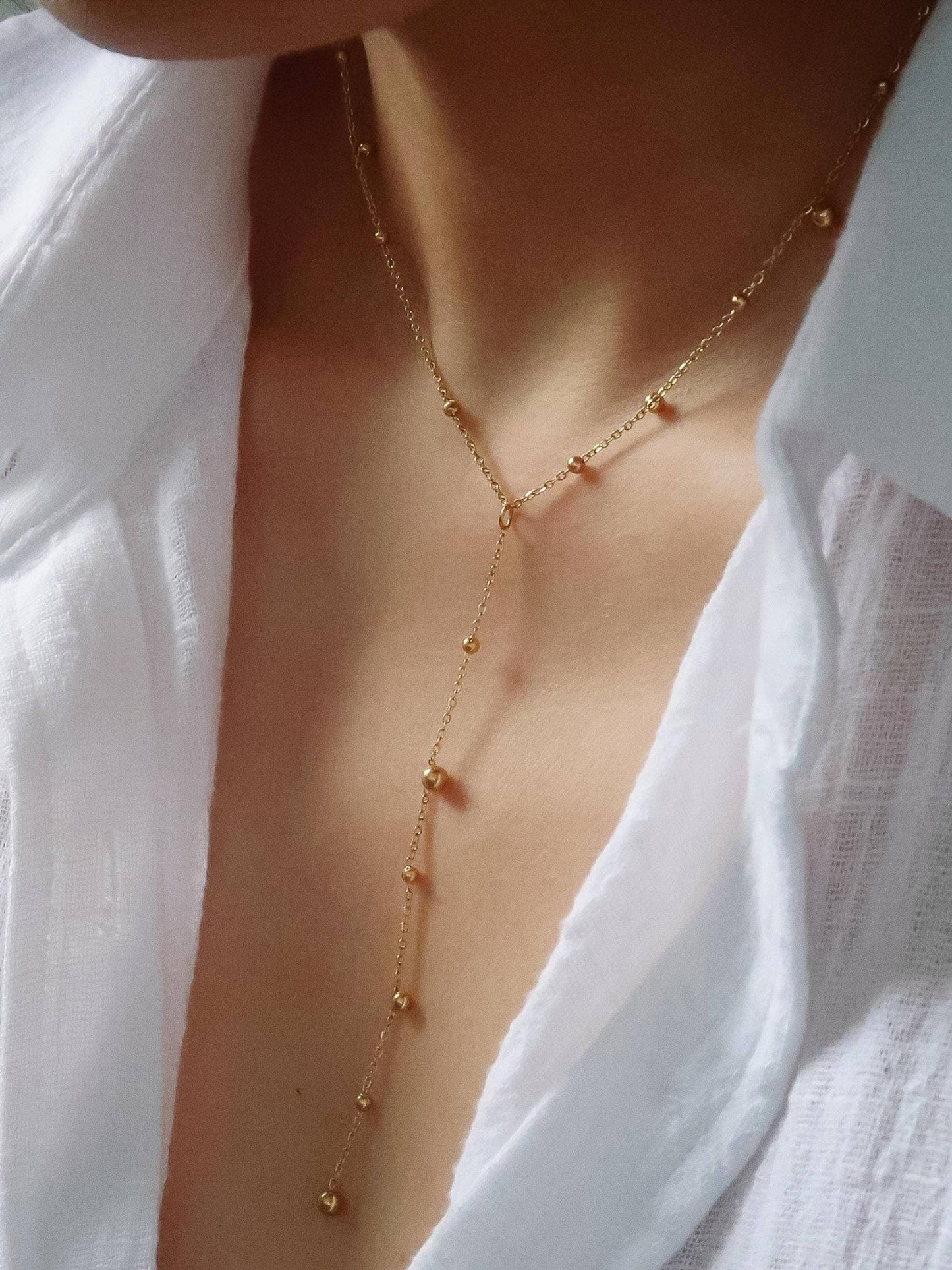 18K Gold Non-Tarnish Beaded Y Lariat Necklace