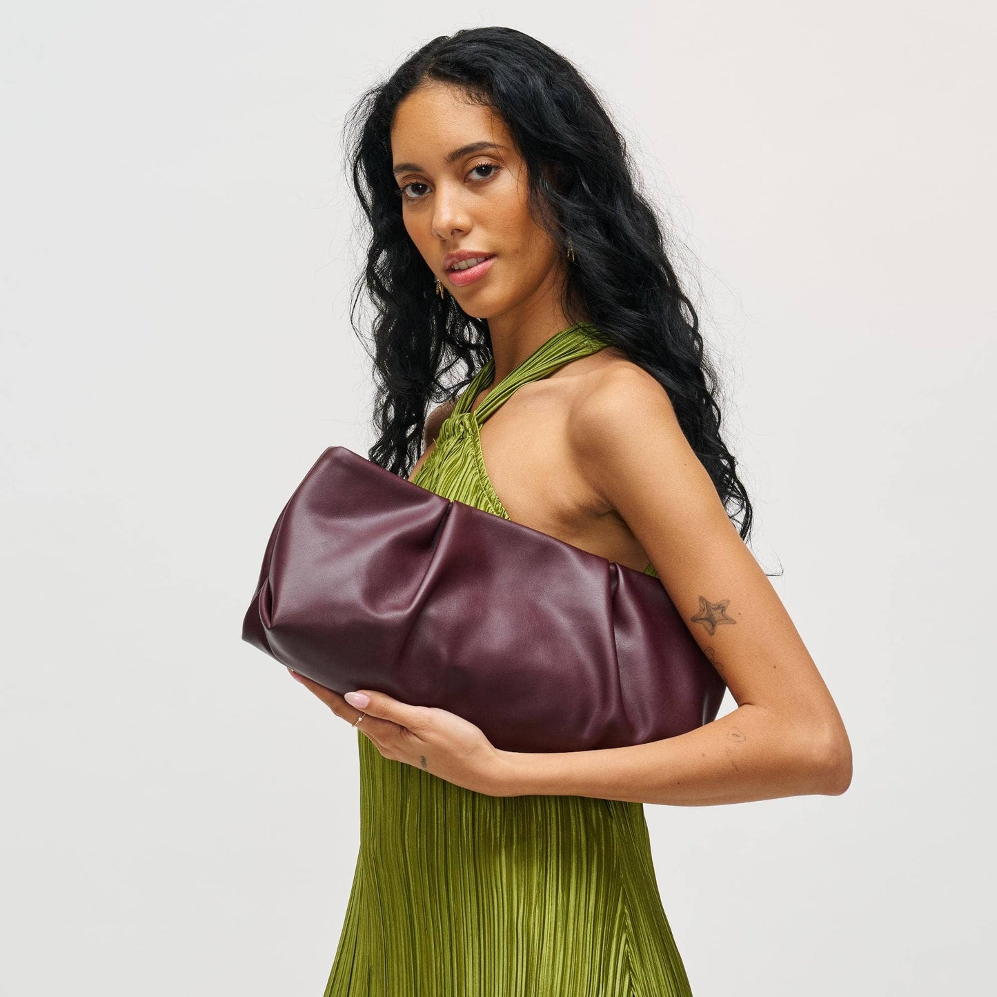 Pleated Vegan Leather Frame Clutch: Red