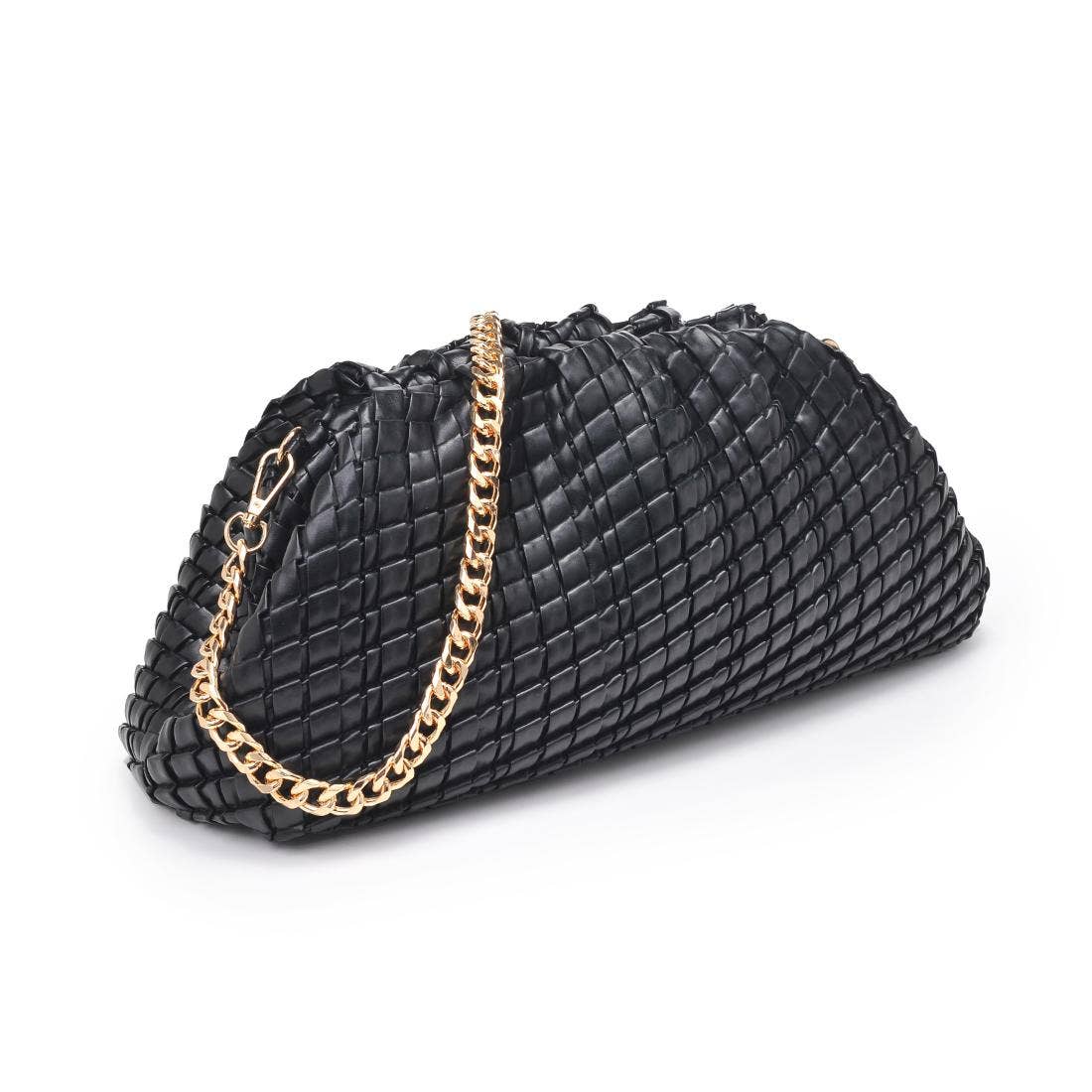 Black textured handbag with a gold chain on a white background