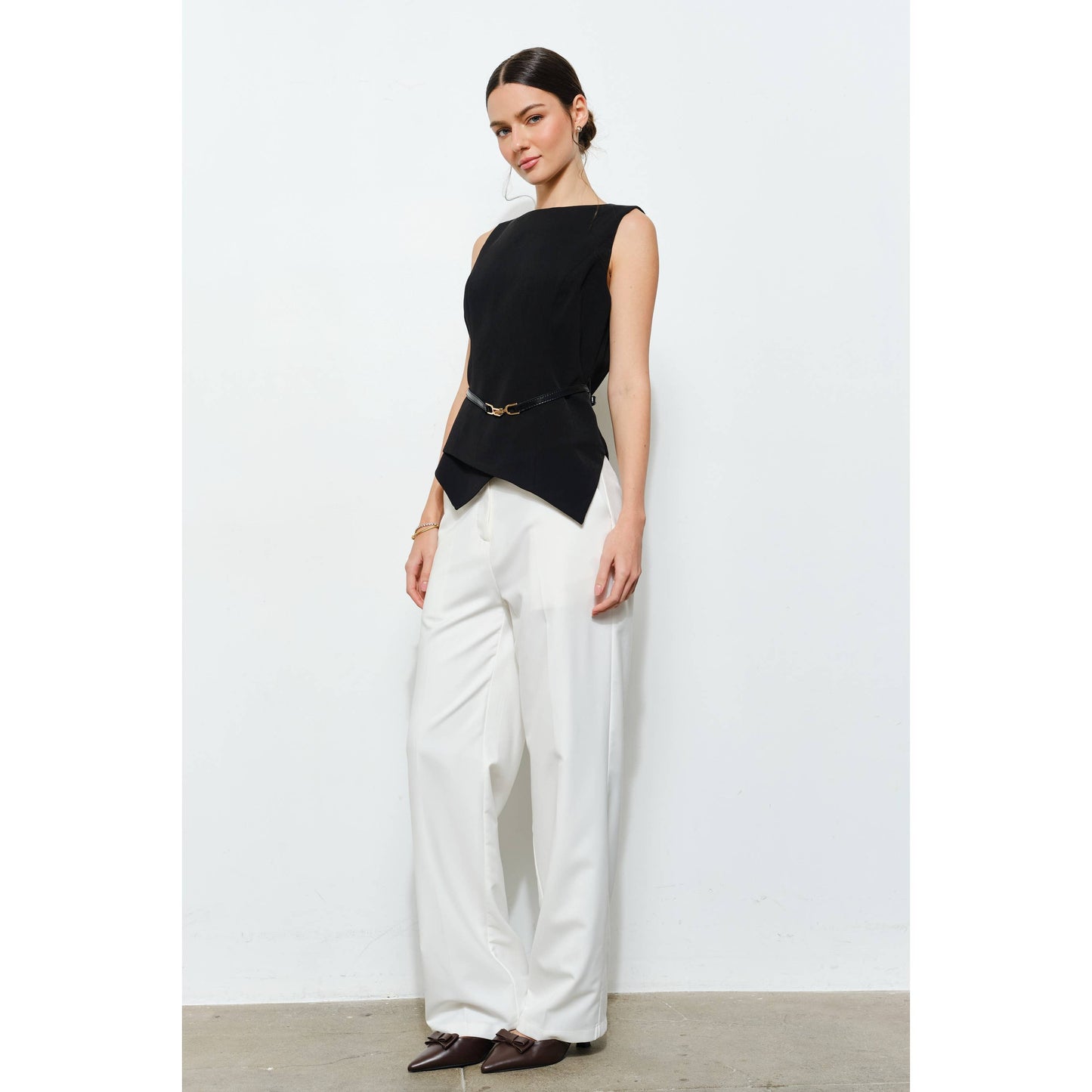 Luxe Belted Asymmetric Hem Sleeveless Blouse Top: BLACK