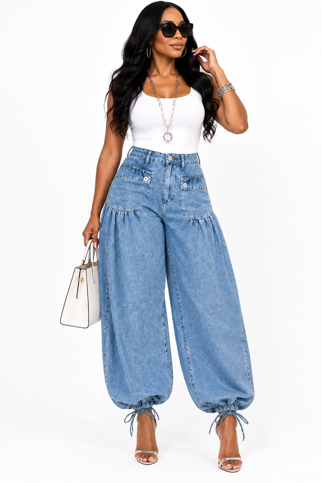 Statement Wide Leg Denim Pants with Tie Hem