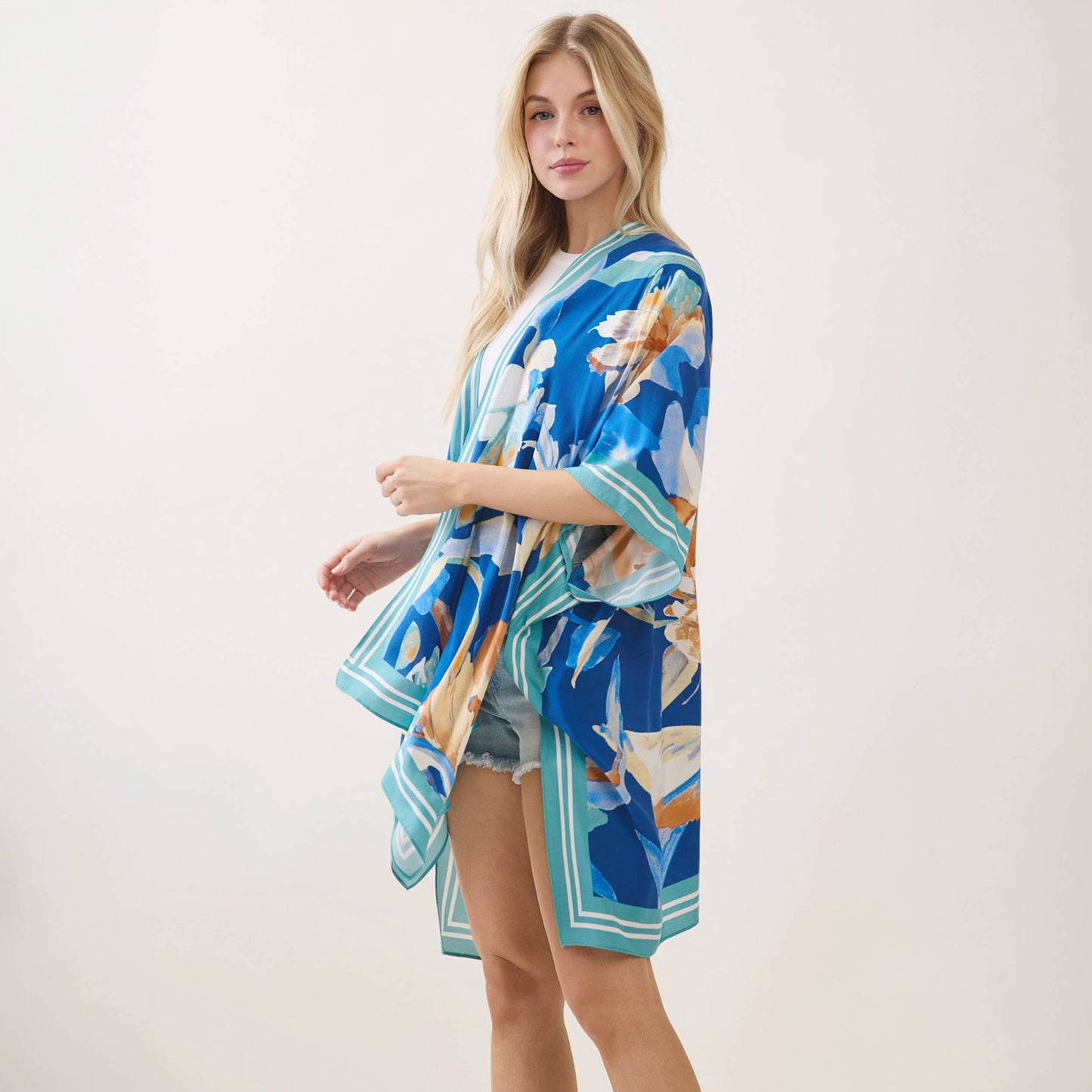 Bohemian Floral Print Kimono Cover Up: Blue