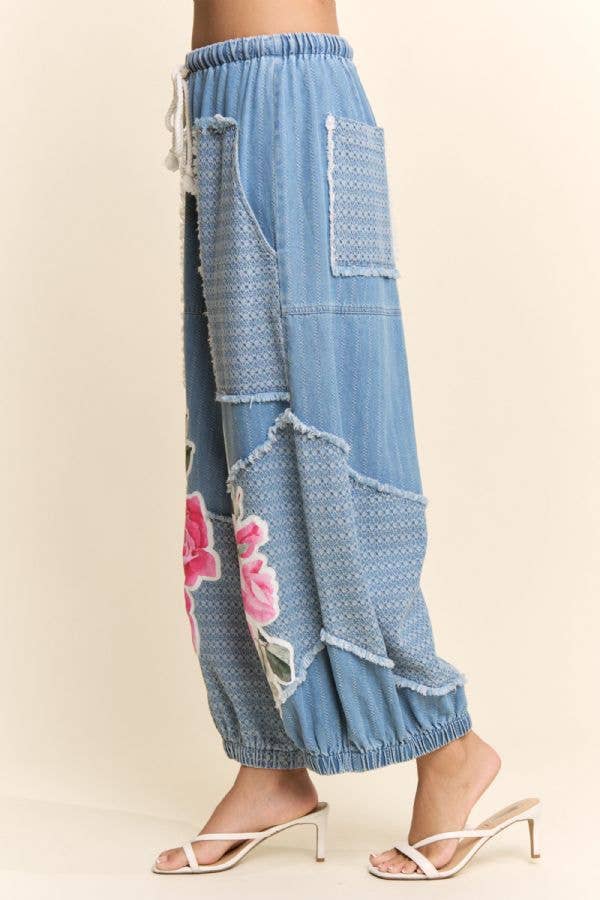 Floral Patchwork Denim Pants for Women | Drawstring Waist Jeans