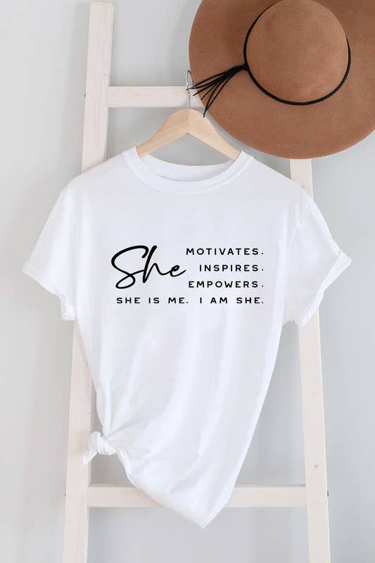 She Motivates, Inspires, Empowers, She Is Me, I Am She, Unisex Round Neck T-Shirt: Black