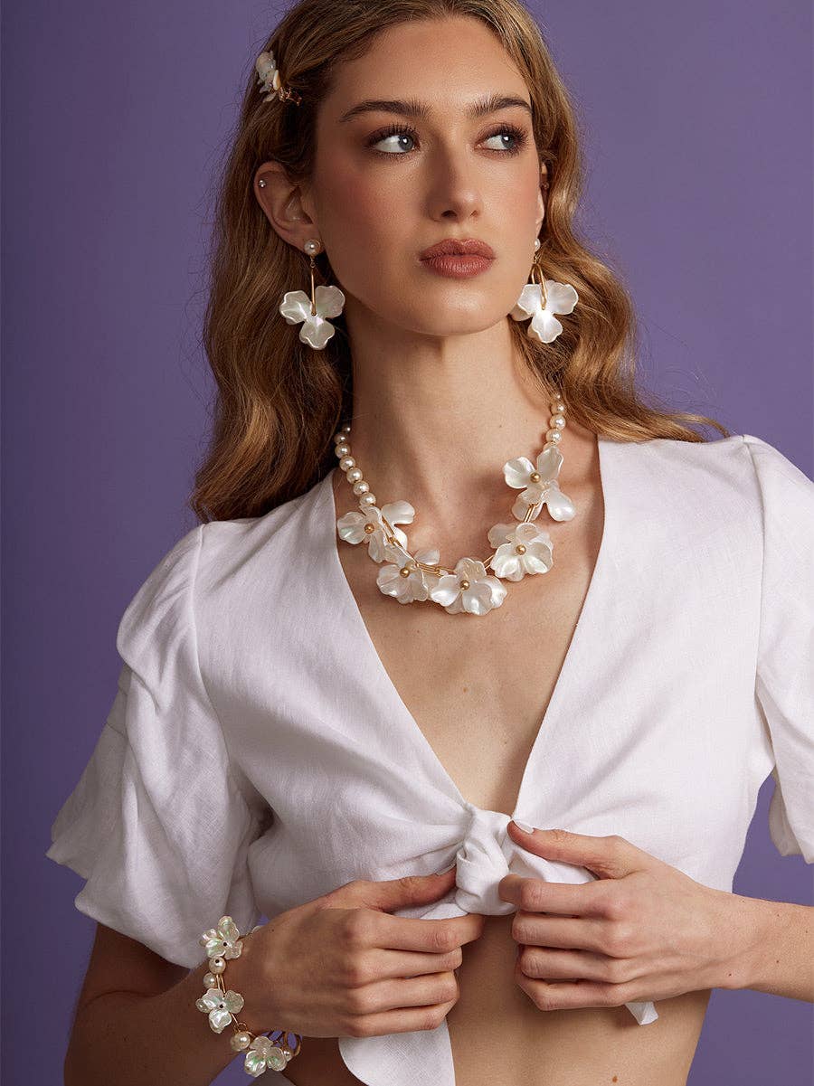 Pearl Strand Necklace with Floral Centerpiece | Elegant Pearl Statement Necklace