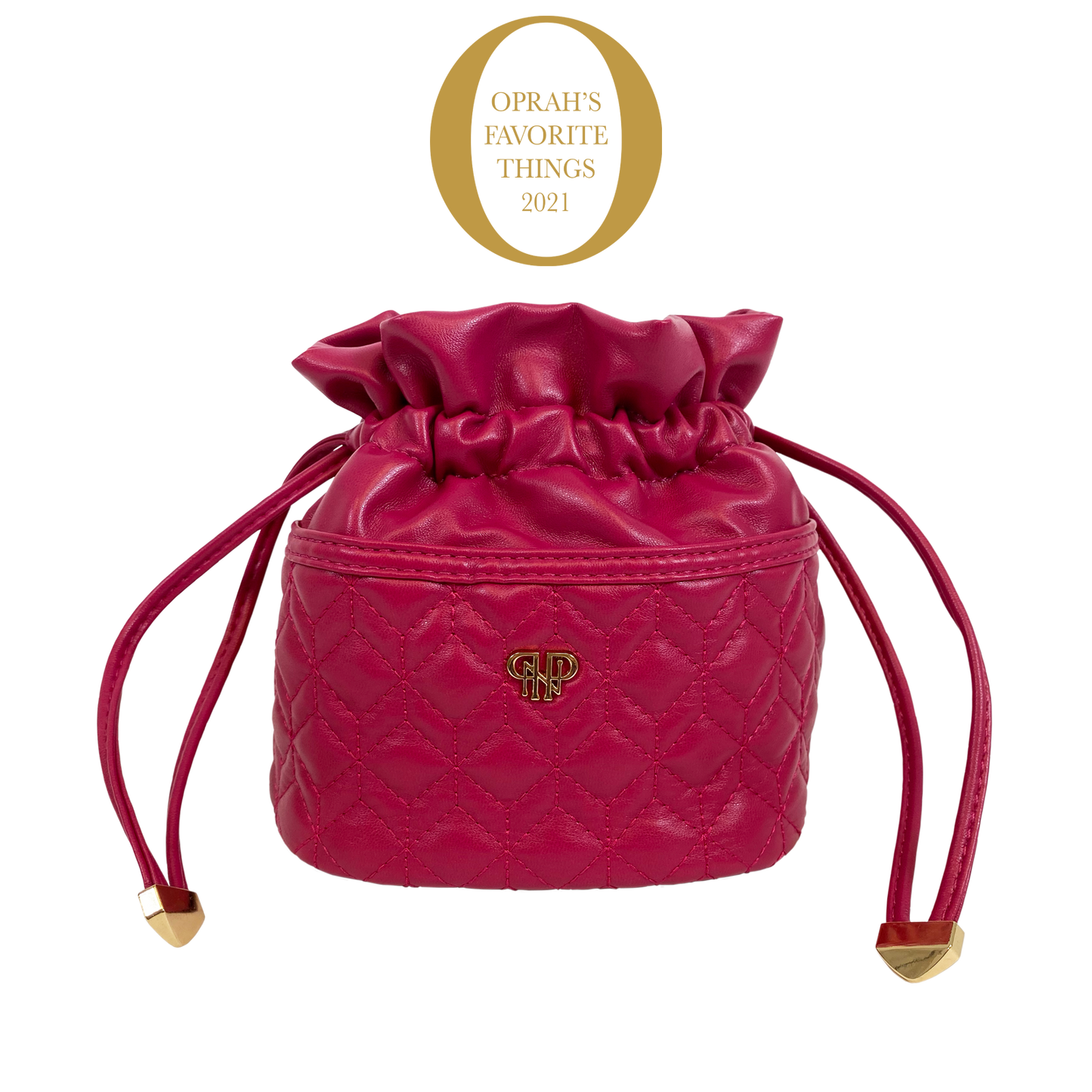 Pink drawstring bag with gold accents on a white background, featuring Oprah's Favorite Things 2021 logo.