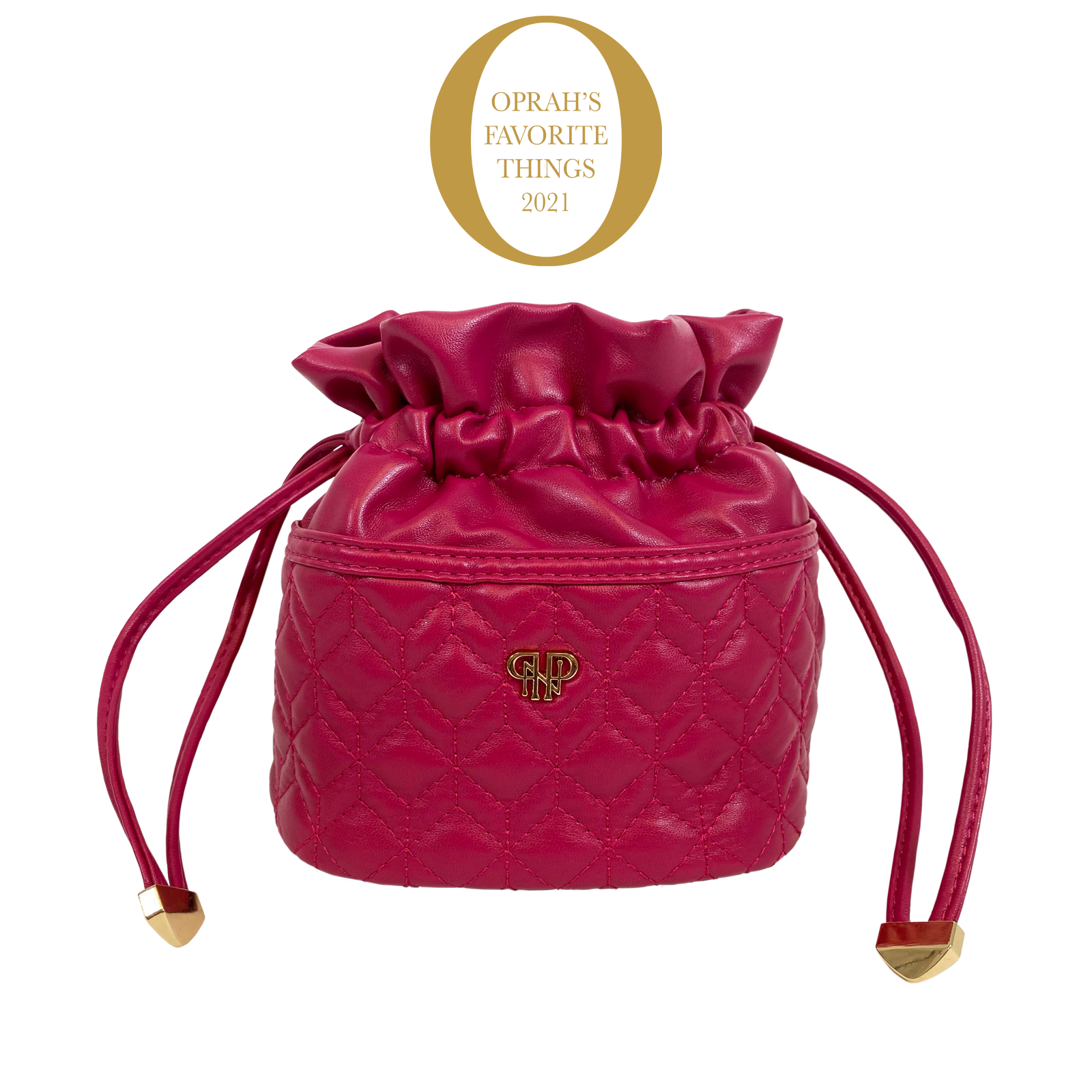 Pink drawstring bag with gold accents on a white background, featuring Oprah's Favorite Things 2021 logo.