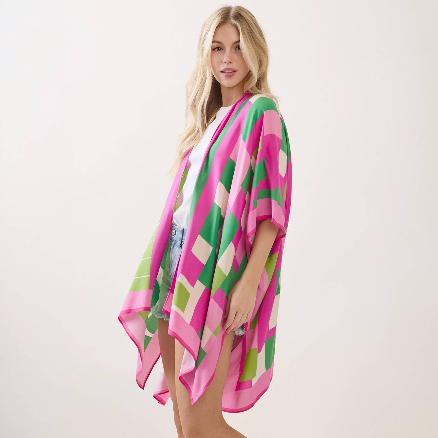 Geometric Pattern Mixed Print Kimono Cover Up
