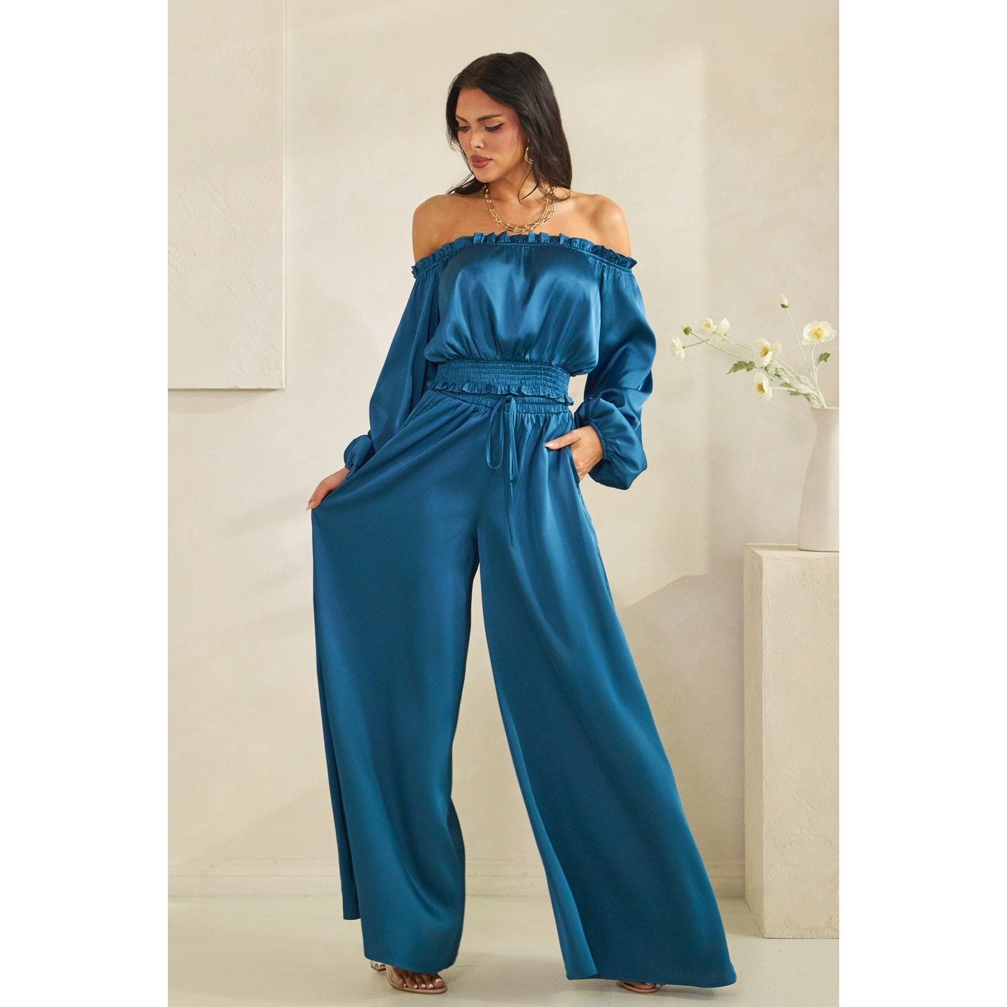 Satin Off-Shoulder Palazzo Pants Set | Women's Two-Piece Outfit | B'Jeweled Jewelry & Accessories