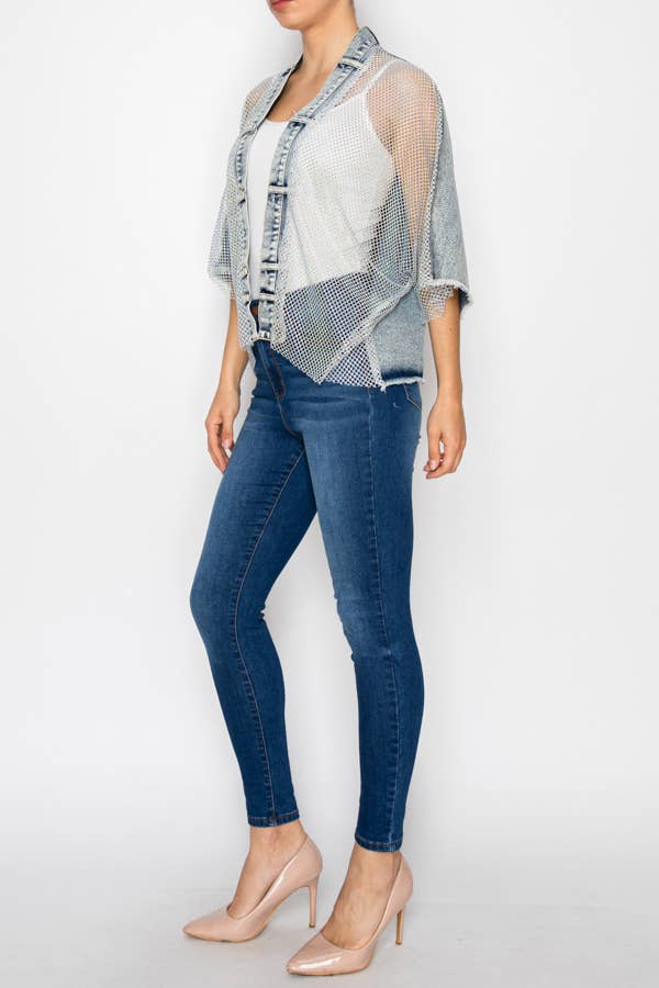 Denim & Crystal Mesh Statement Jacket