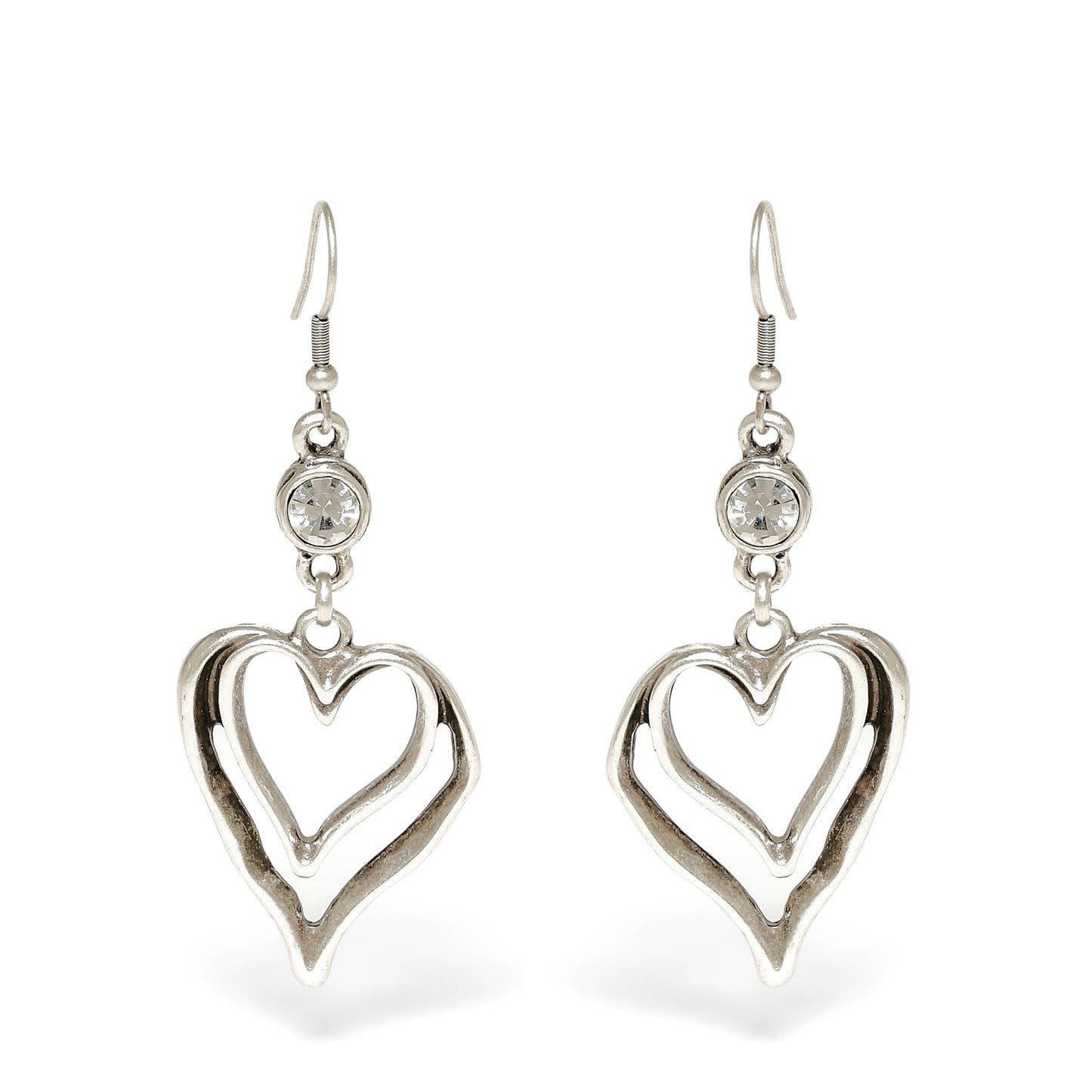 Handmade Heart Clear Crystal Pewter Earrings
