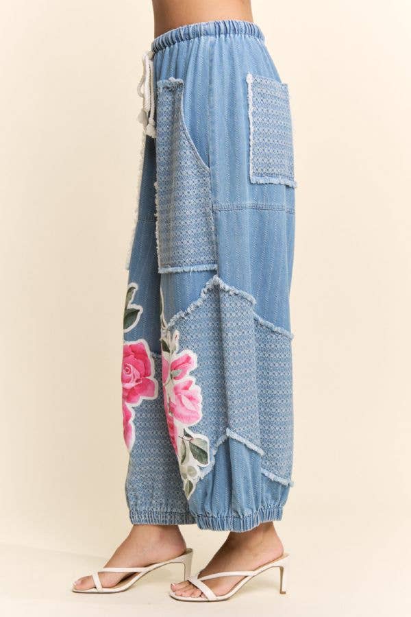 Floral Patchwork Denim Pants for Women | Drawstring Waist Jeans