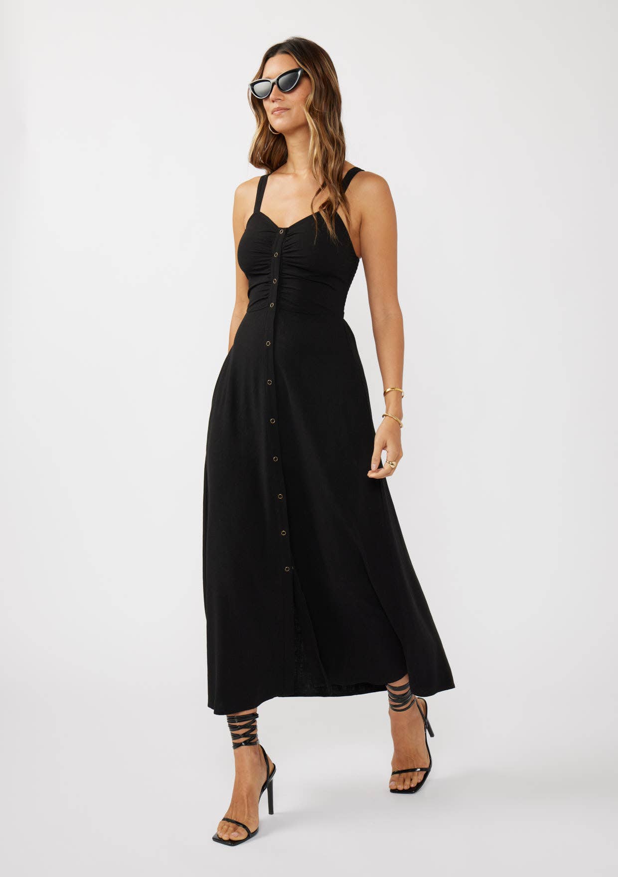 V-Neck Ruched Button Down Maxi Dress: Tomato