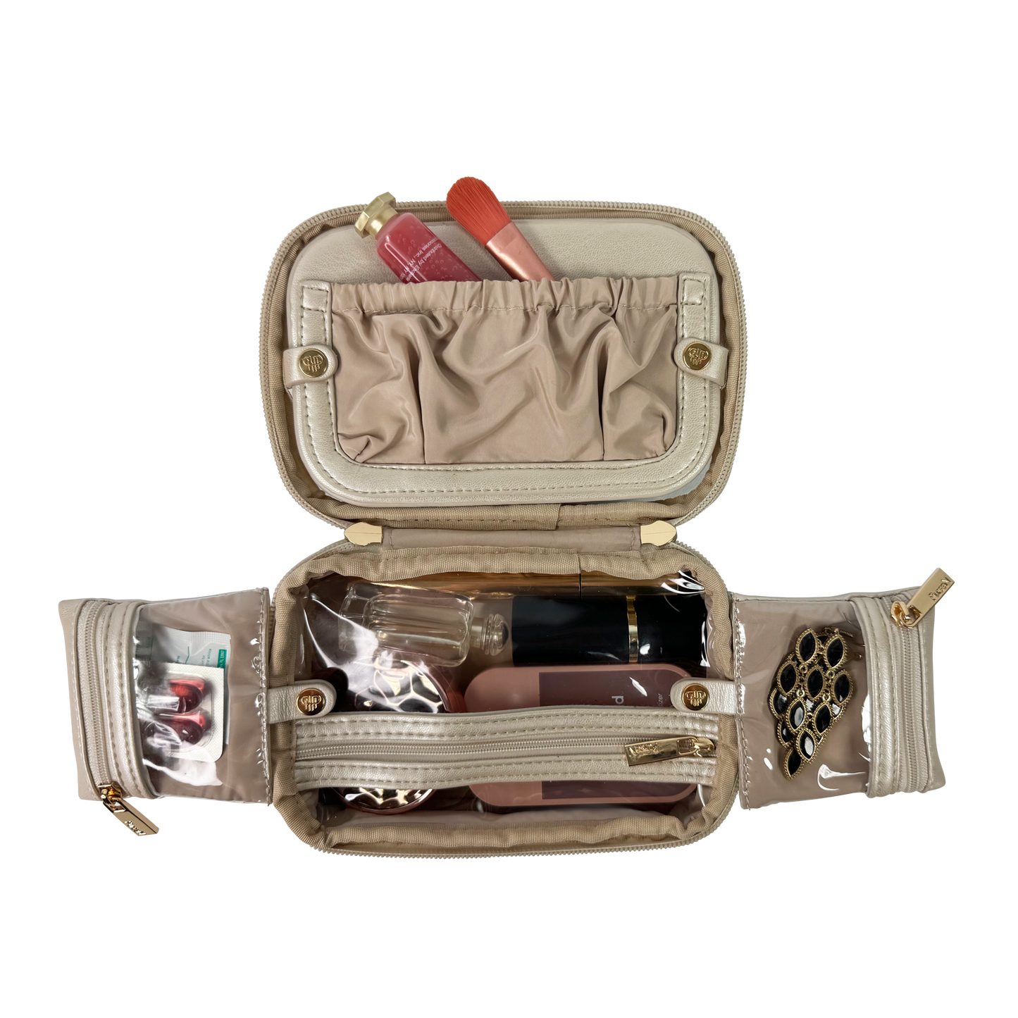Open beige travel case with makeup items on a white background