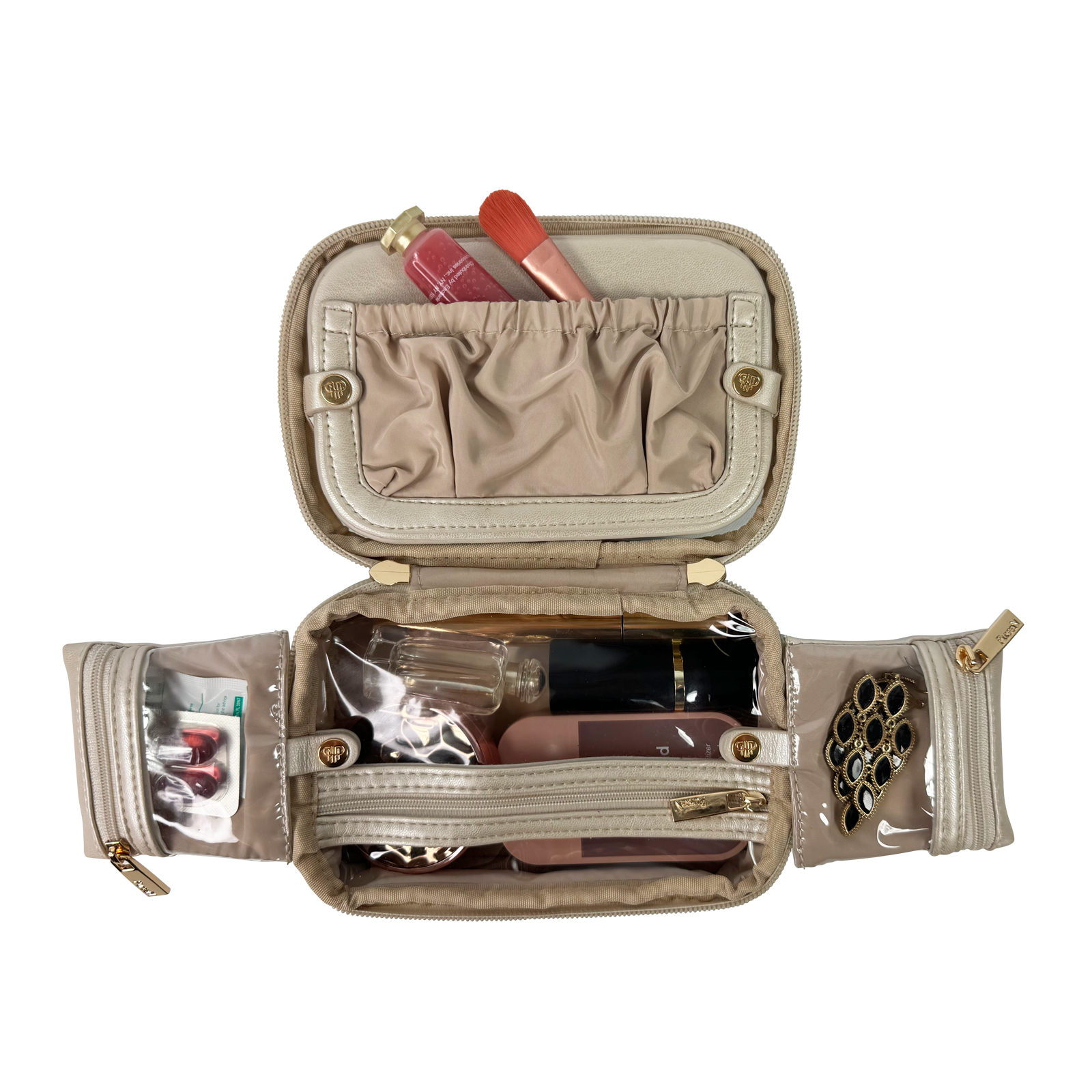 Open beige travel case with makeup items on a white background
