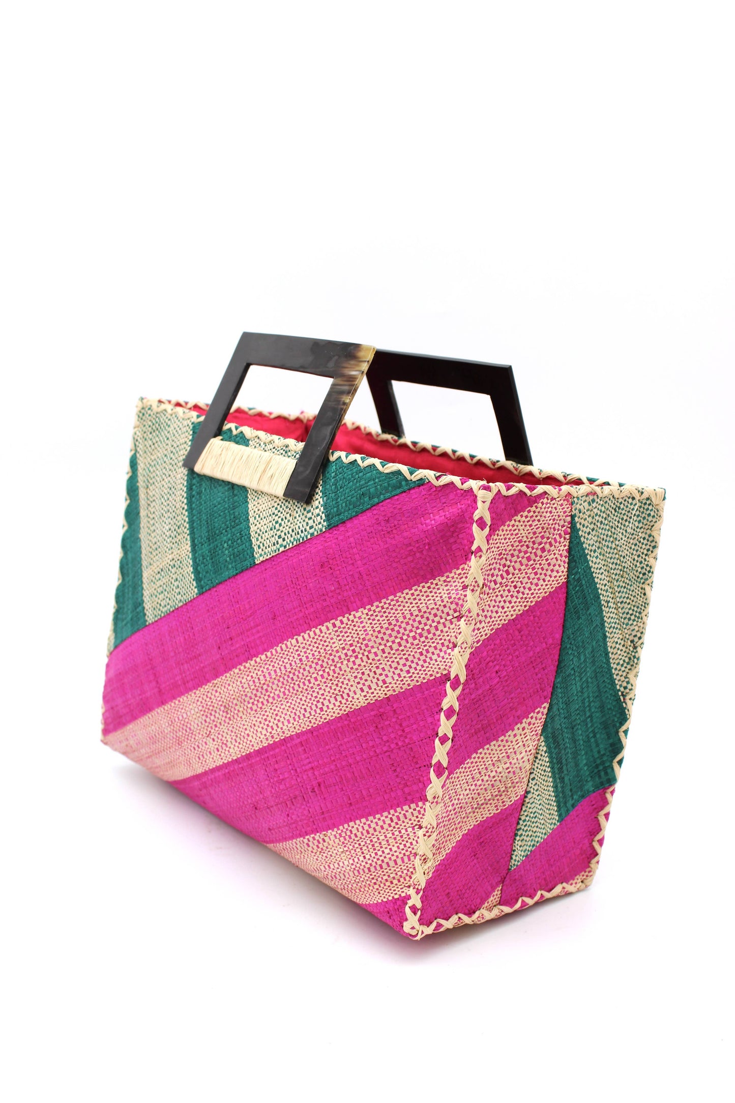 Double Stripes Raffia Straw Handbag w/ Horn Handles