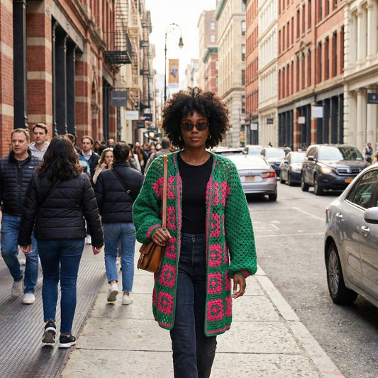 Two-Tone Floral Square Crochet Open Knit Cardigan: GREEN/PINK