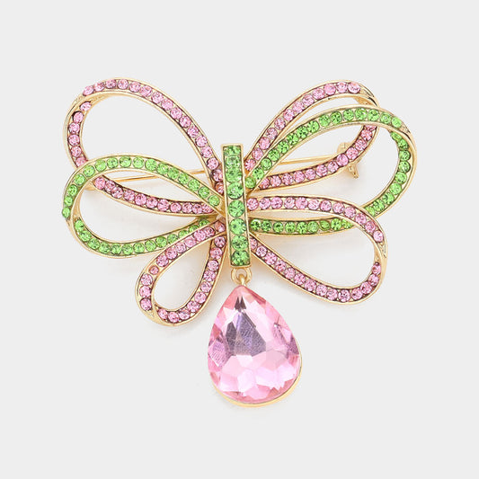 Rhinestone Ribbon Glass Stone Dangle Brooch
