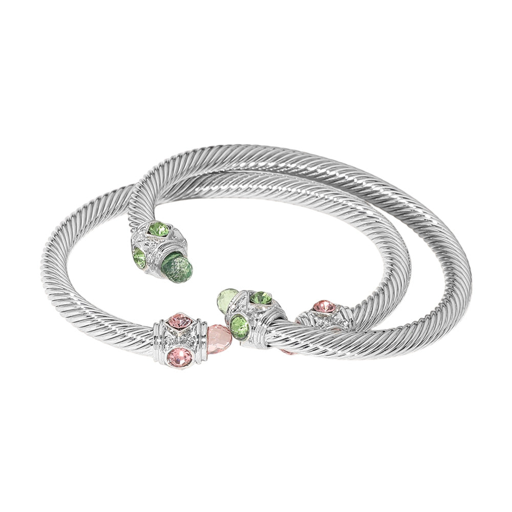 Pink & Green Crystal-Tipped Cable Cuff Bracelets (Set of 2)