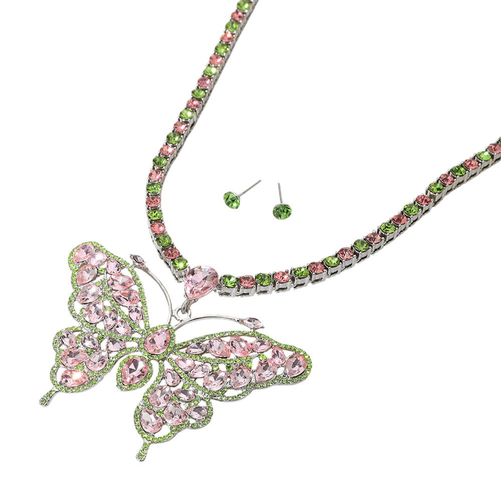 Butterfly Pendant Necklace Set in Pink & Green Stone