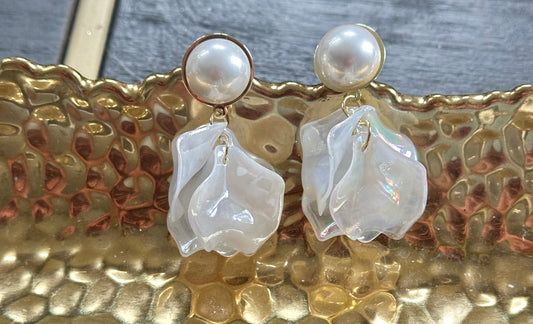 Pearl Stud Iridescent Floral Drop Earrings