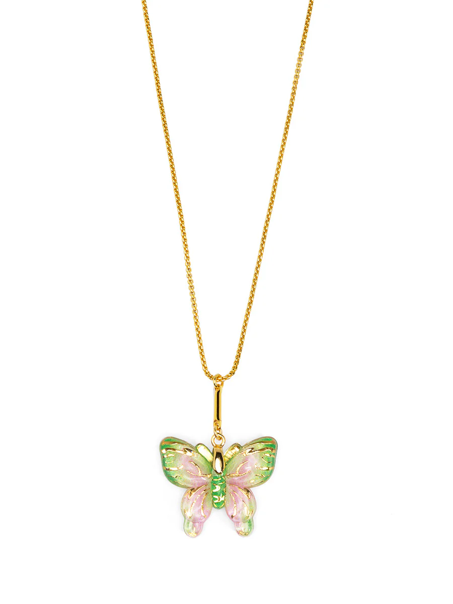 Iridescent Butterfly Pendant Necklace in Green and Pink