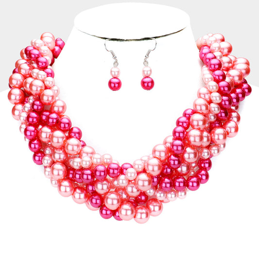 Pink Passion Braided Pearl Necklace Set