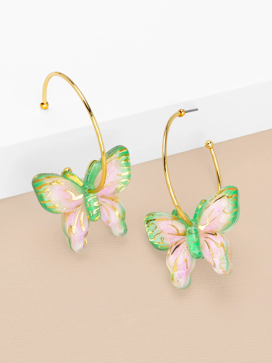 Pink and Green Butterfly Hoop Earrings