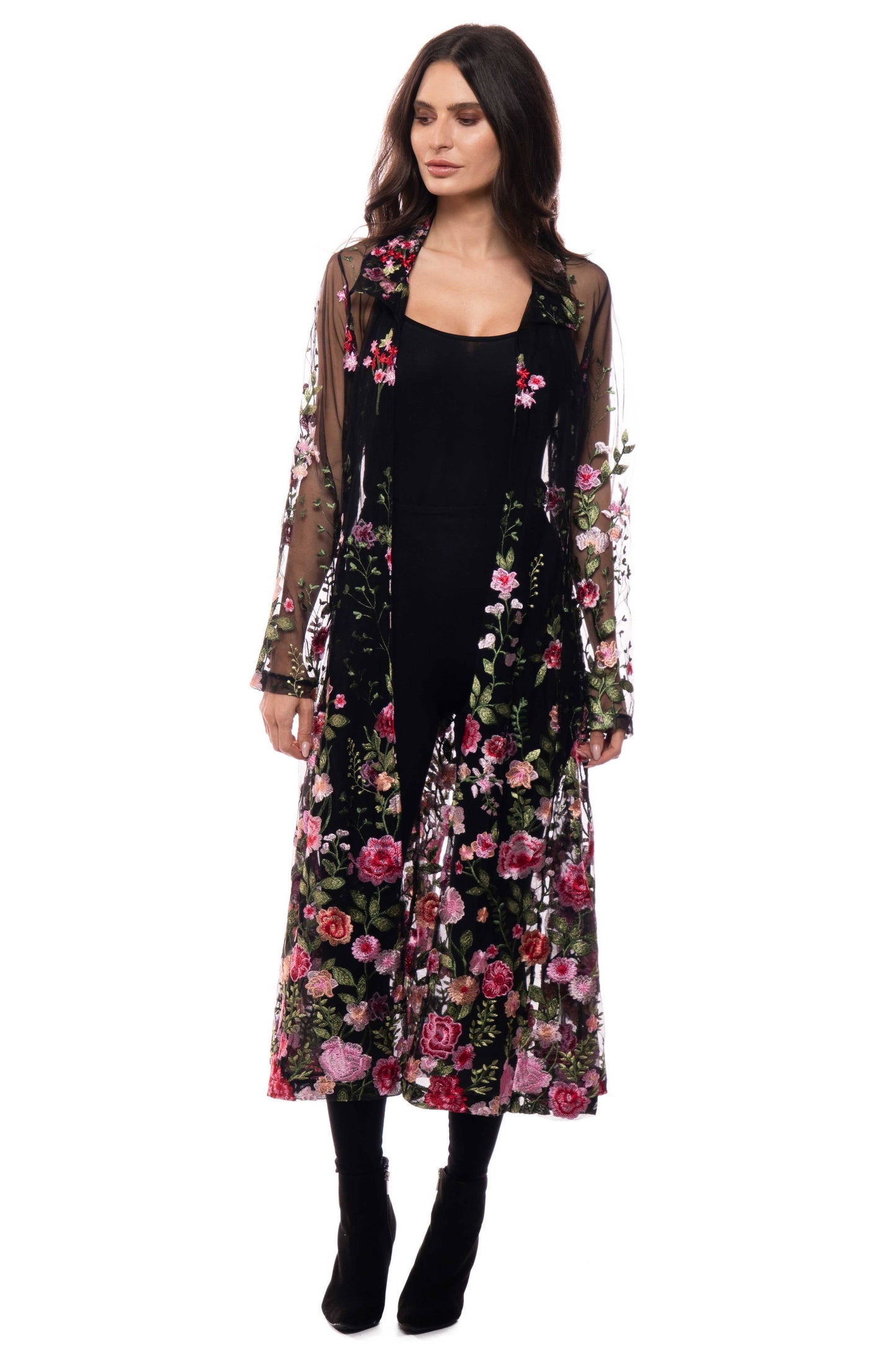 Embroidered Mesh Duster Jacket | Romantic Sheer Floral Layer