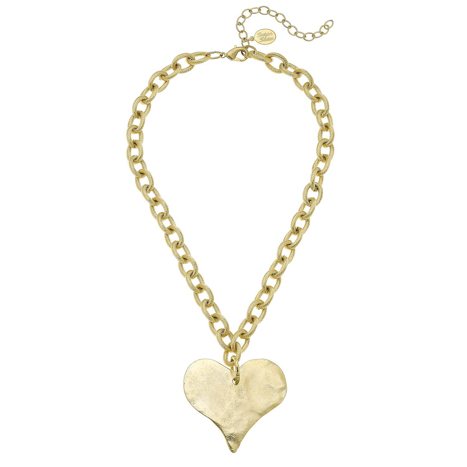 Susan Shaw gold hammered heart necklace with oversized textured heart pendant on a bold link chain, handcrafted in the USA