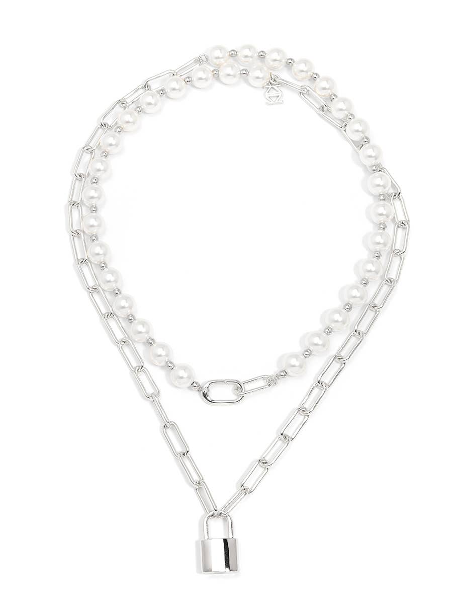Silver chain necklace with a lock pendant on a white background