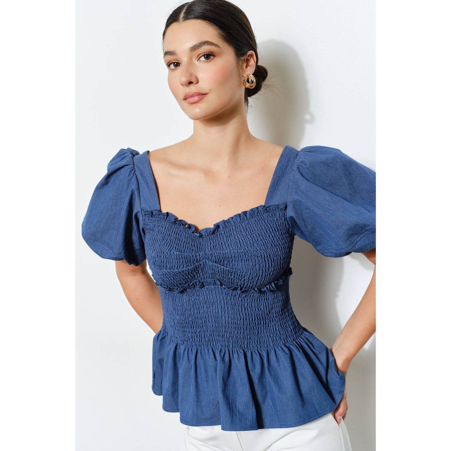 Stretch Denim Sweetheart Bubble Sleeve Top