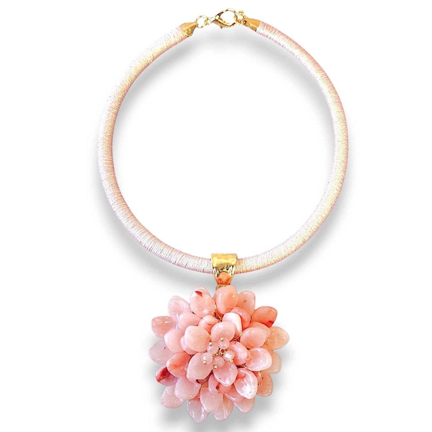 Necklace with a pink floral pendant on a white background