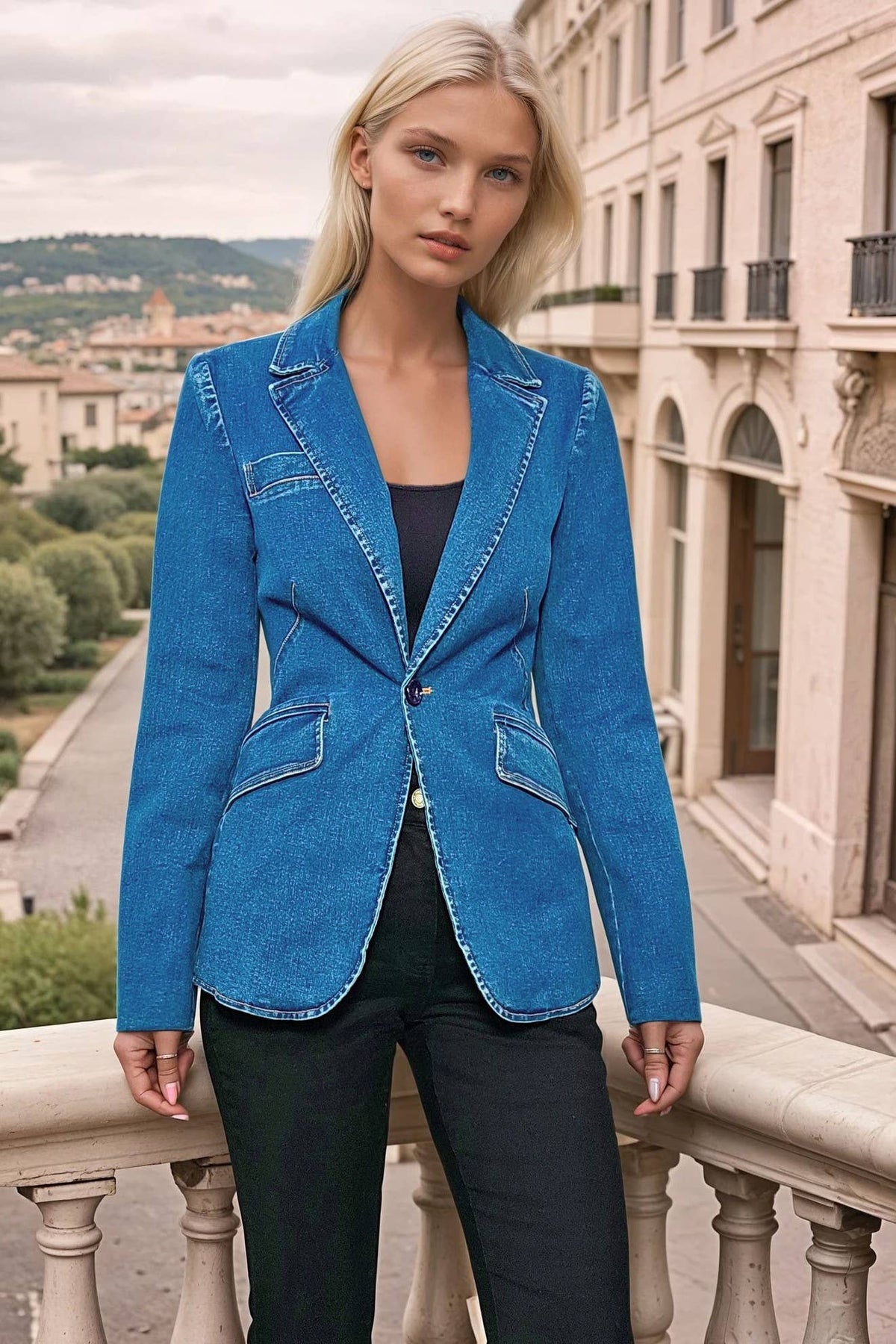 Woman wearing a blue denim jacket standing on a balcony with a scenic background