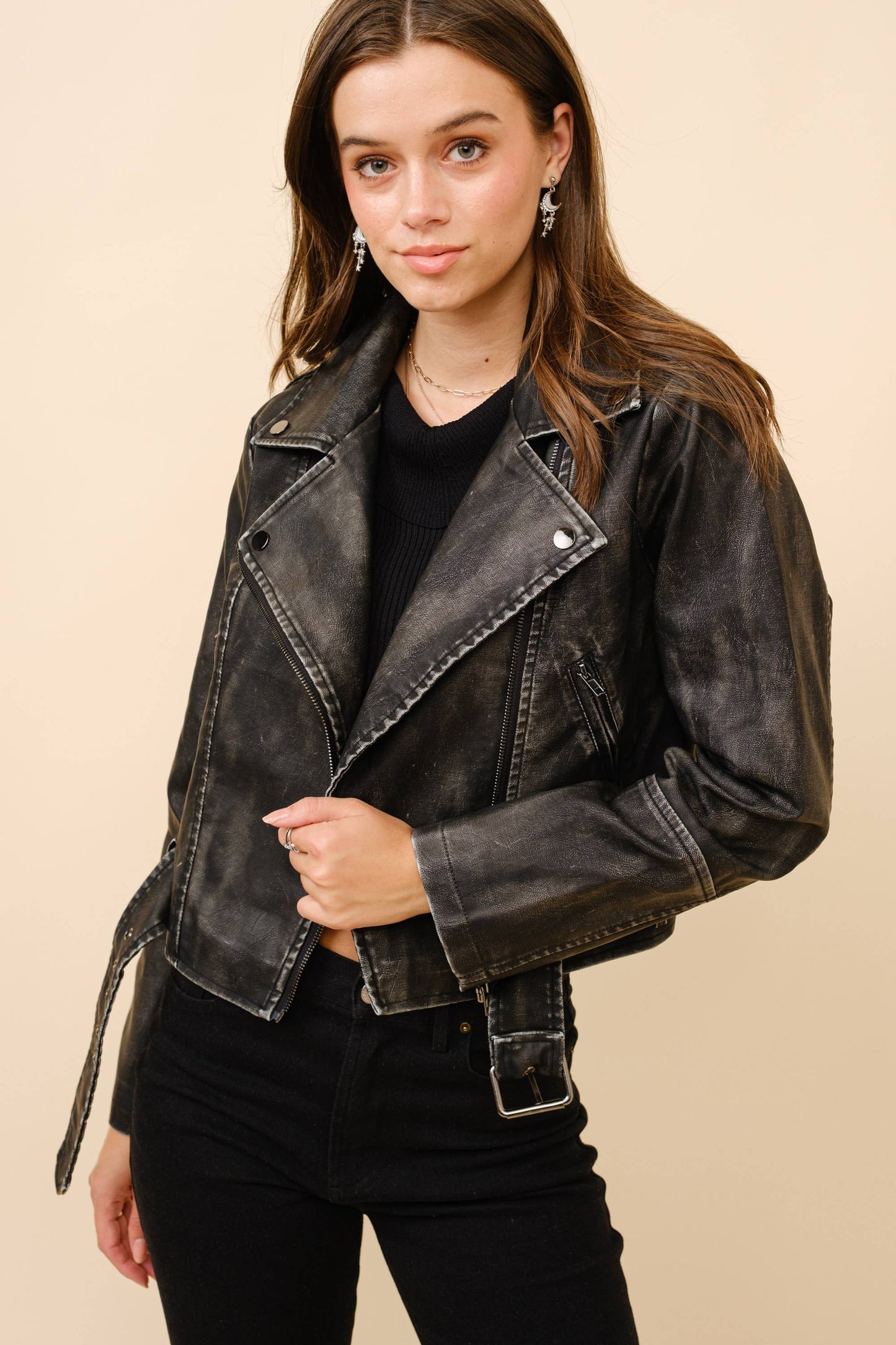 Washed Leather Moto Jacket: WASHED BLACK / S