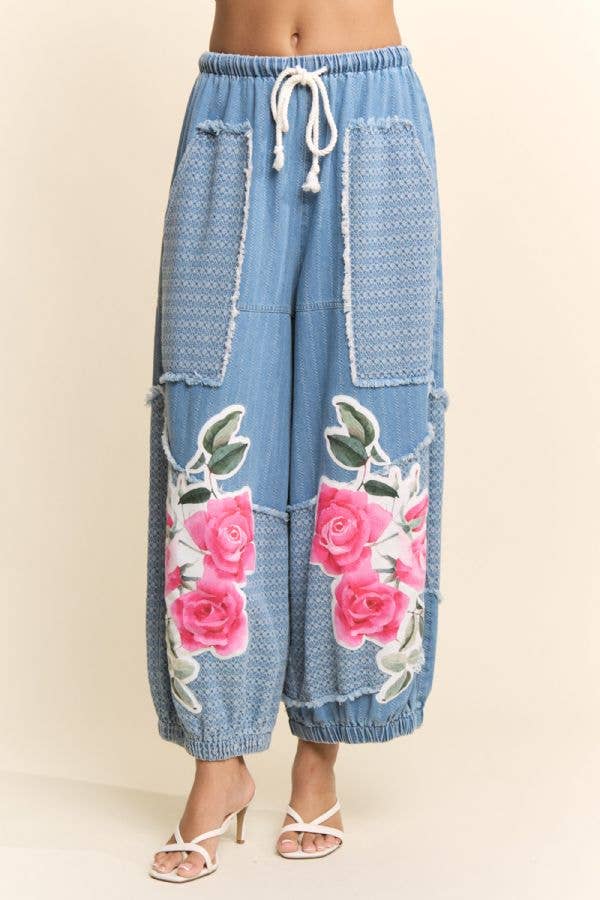 Floral Patchwork Denim Pants for Women | Drawstring Waist Jeans