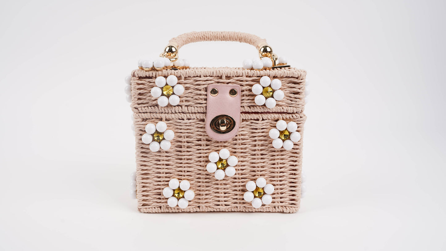 Wicker Bucket Daisy Flower Purse: Pink + White Daisy