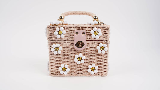 Wicker Bucket Daisy Flower Purse: Pink + White Daisy