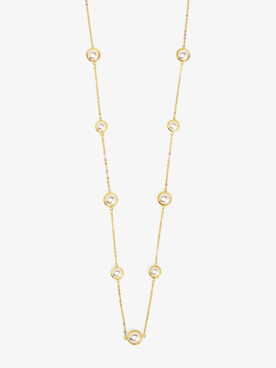 Half Pearl and Chain Magnet Long Necklace: Gold/Pearl