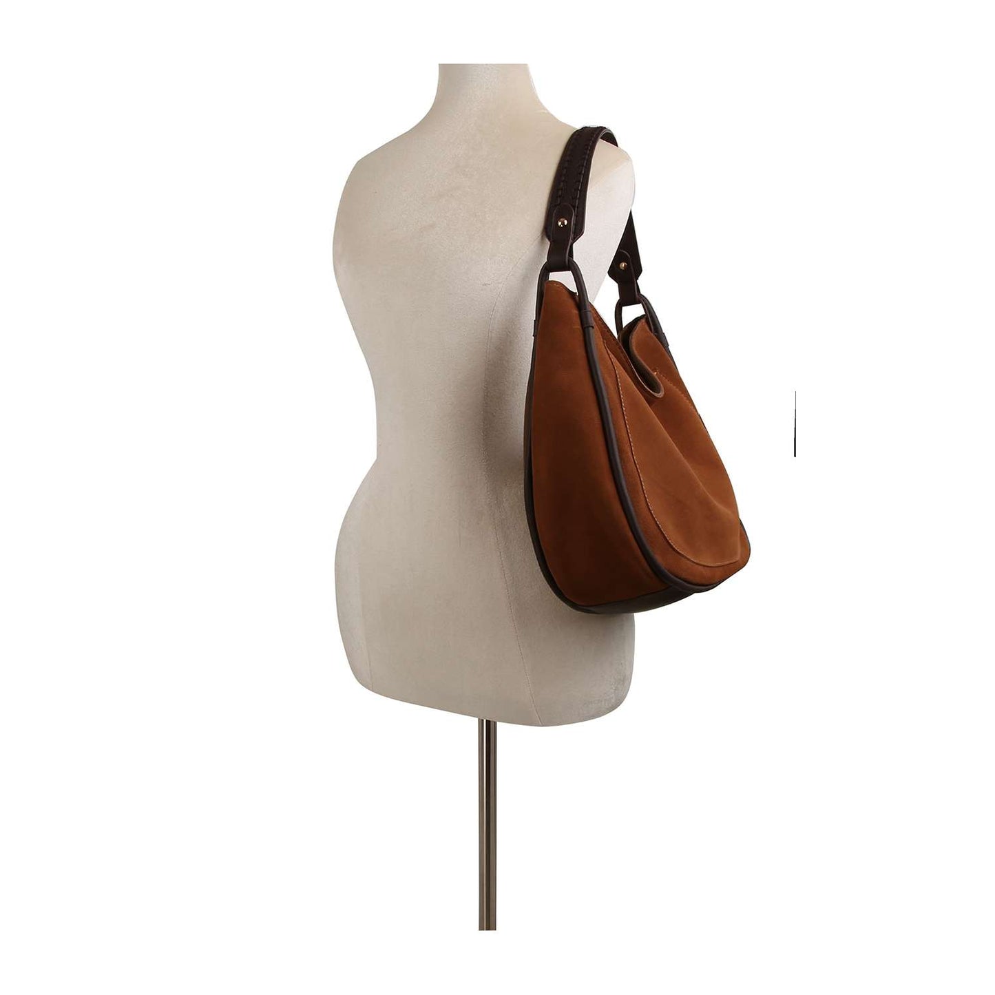 Brown leather handbag on a mannequin against a white background