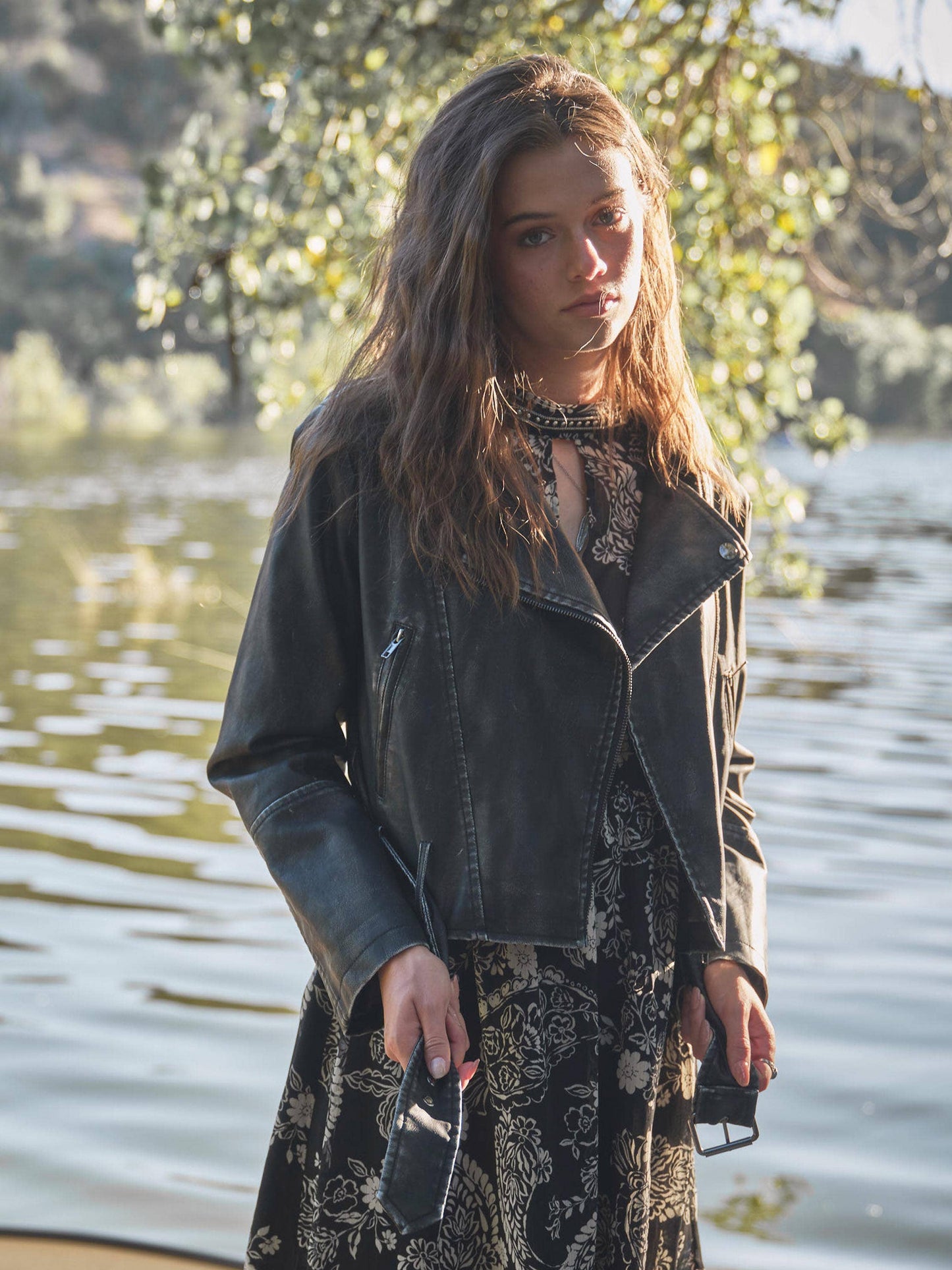 Washed Leather Moto Jacket: WASHED BLACK / S